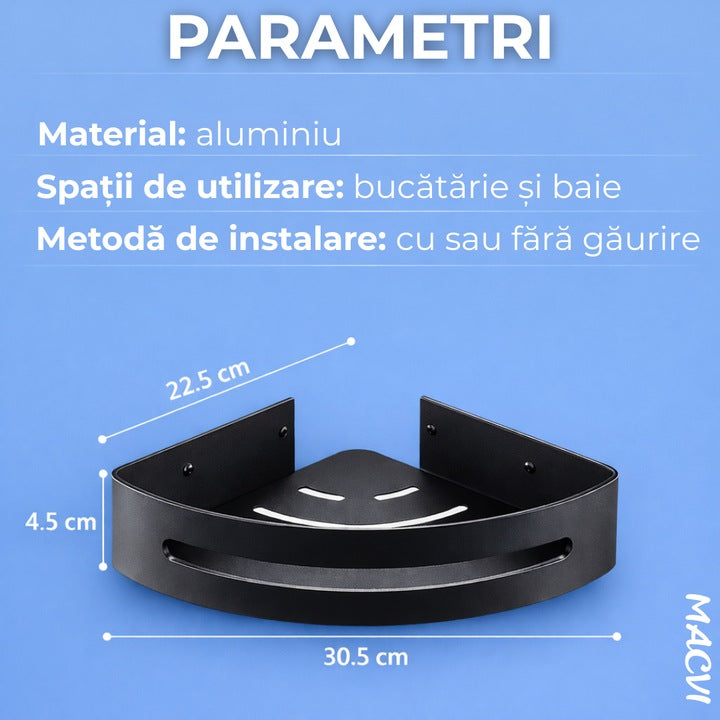 Raft de dus Macvi® set etajera baie aluminiu negru design modern si rezistent montaj usor spatiu optimizat
