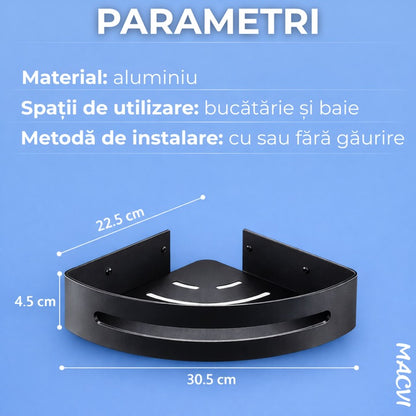 Raft de dus Macvi® set etajera baie aluminiu negru design modern si rezistent montaj usor spatiu optimizat