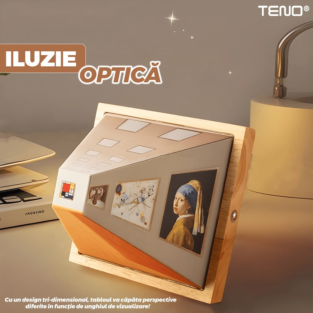 Tablou Iluzie Teno®, picturi celebre, design 3D, diverse perspective, rama din lemn, lumini LED, naked eye, 19 x 19 x 15 cm, maro