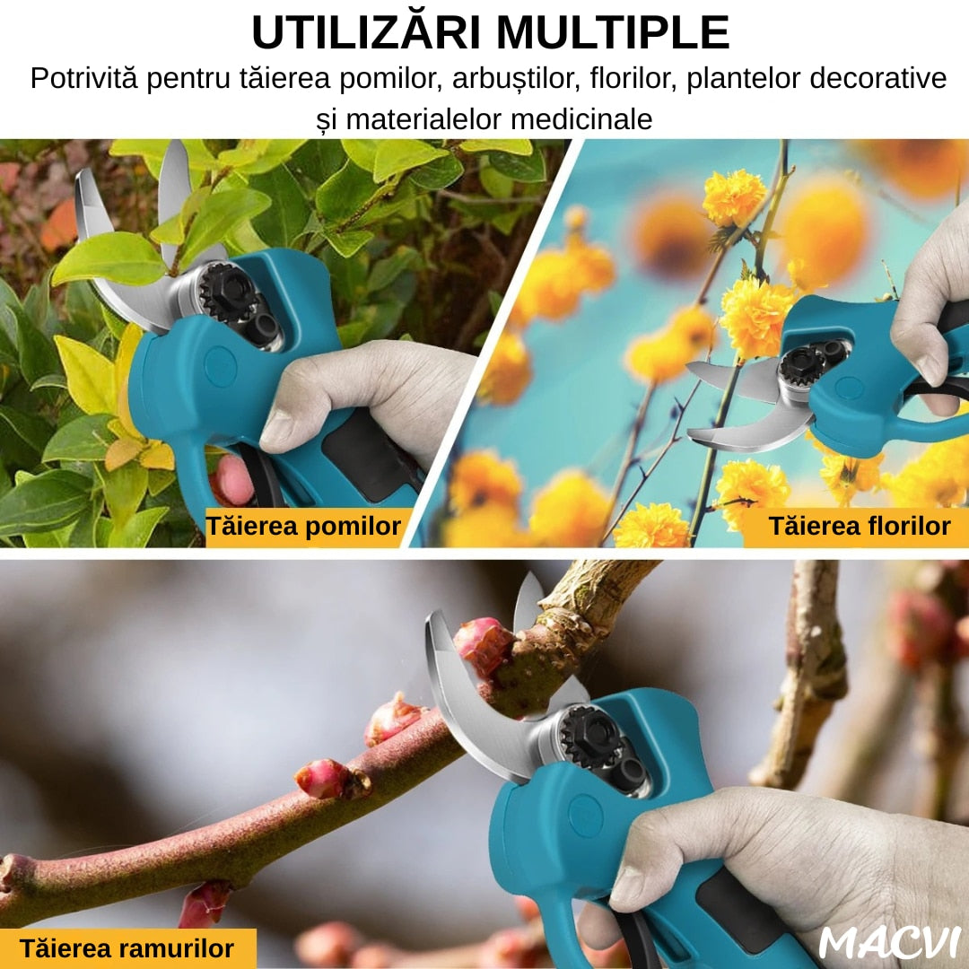 Foarfeca Electrica pentru Gradinarit Macvi® 48V, 2 Baterii, 2 Lame din Otel Carbon ,ideala pentru Vita de Vie si Crengi, Albastru