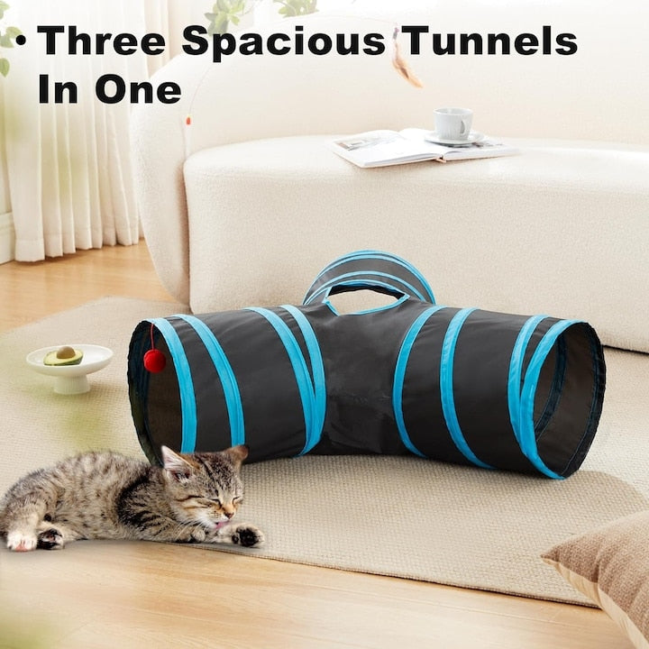 Tunel pliabil pentru pisici Macvi®, 3 cai, cu clopotei, poliester rezistent, portabil, 28x28x5 cm, albastru