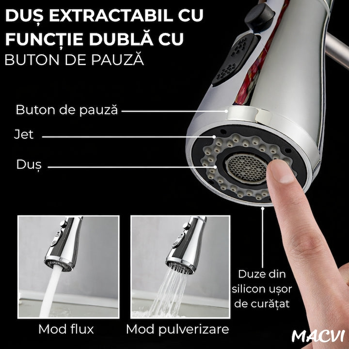 Baterie chiuveta bucatarie Macvi® Premium dus extractabil pipa inalta rotire 360 cartus ceramic 2 functii jet buton ON OFF racorduri incluse inox mat argintiu