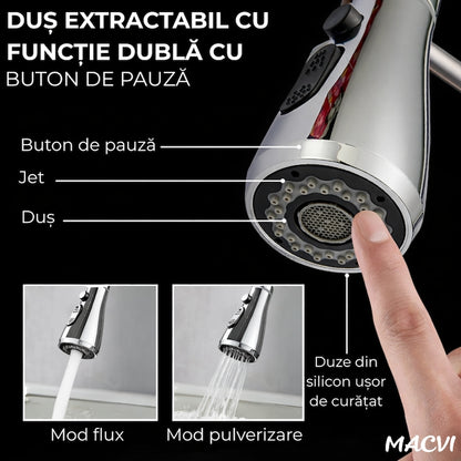 Baterie chiuveta bucatarie Macvi® Premium dus extractabil pipa inalta rotire 360 cartus ceramic 2 functii jet buton ON OFF racorduri incluse inox mat argintiu