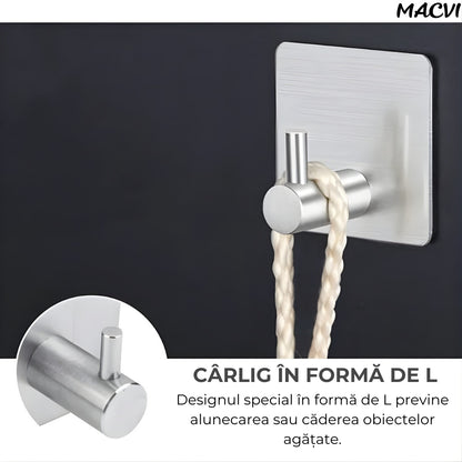 Set 4 cuiere de perete Macvi® din otel inoxidabil, montaj fara gaurire, 2 negre + 2 argintii, rezistente la umiditate, pentru baie si hol