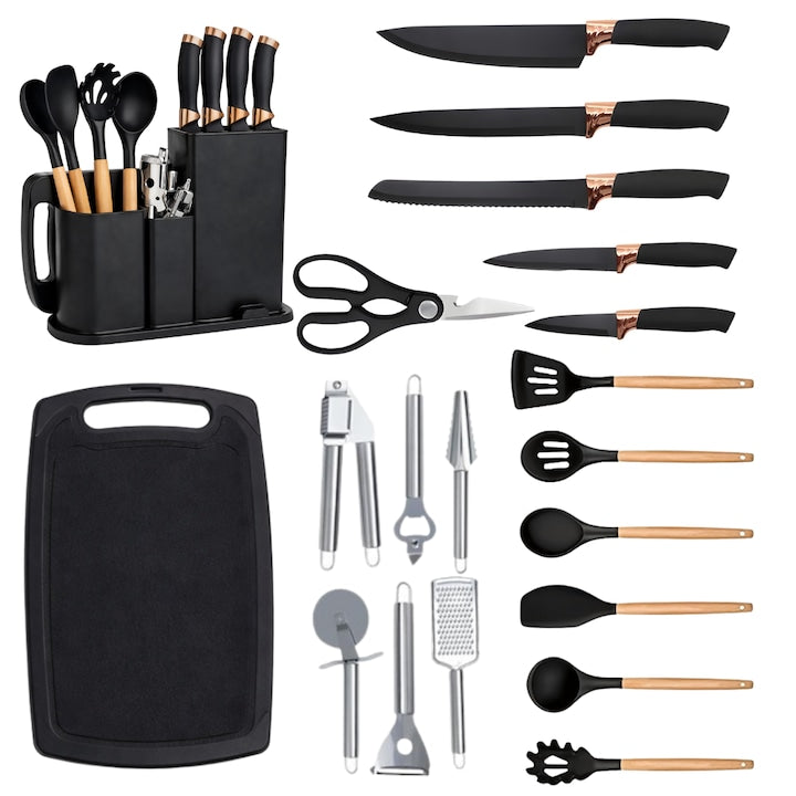 Set 20 Piese Utensile de Bucatarie si Cutite cu Suport Macvi®, Taietor, Ustensile de Silicona, Cutite, Tablita de Taiat si Accesorii pentru Gatit