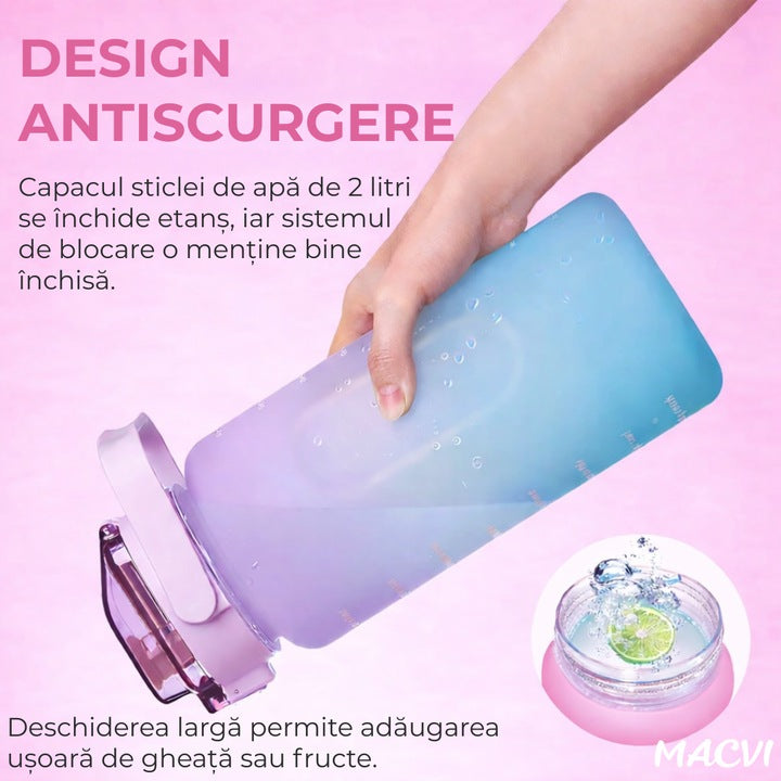 Bidon fitness Macvi® de apa 2L multicolor, plastic PC fara BPA, cu duza, maner si inscriptii motivante, etansa cu garnitura siliconica