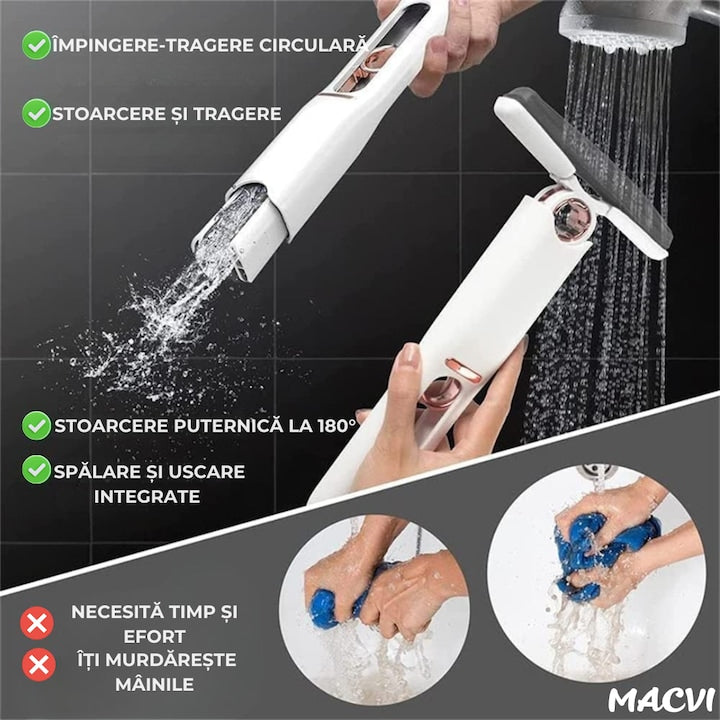 Mini Mop Macvi® pentru Curatarea Suprafetelor si Geamurilor, Sistem de Storcere Buretel, Rotativ, Portabil, 29 cm, Alb