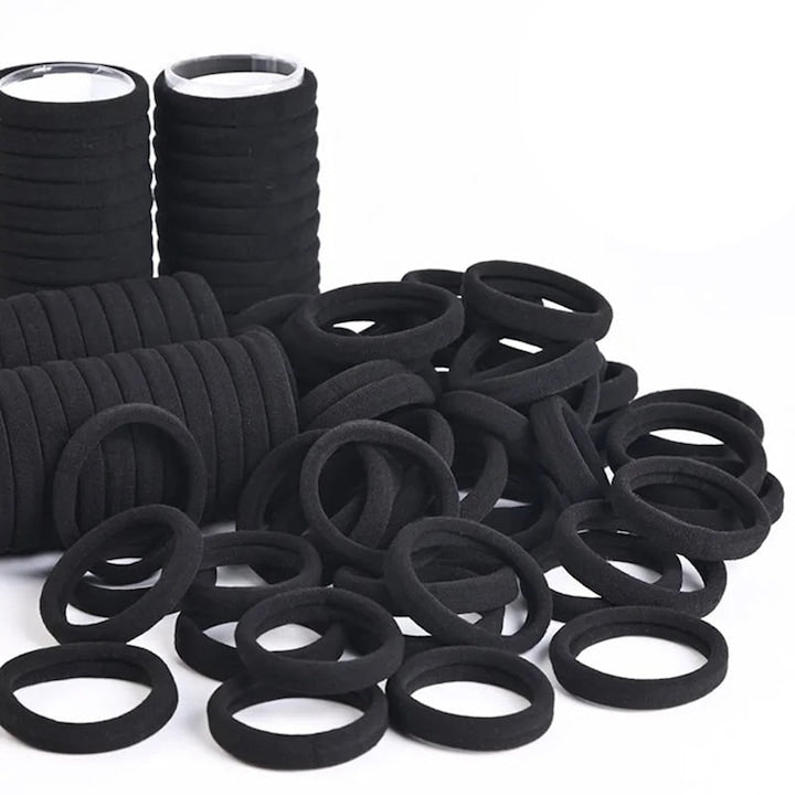 Set 100 elastice par Macvi®, negre, fara cusaturi, anti alunecare, nu rup parul, elastice rezistente, 3.8 cm, utilizare zilnica