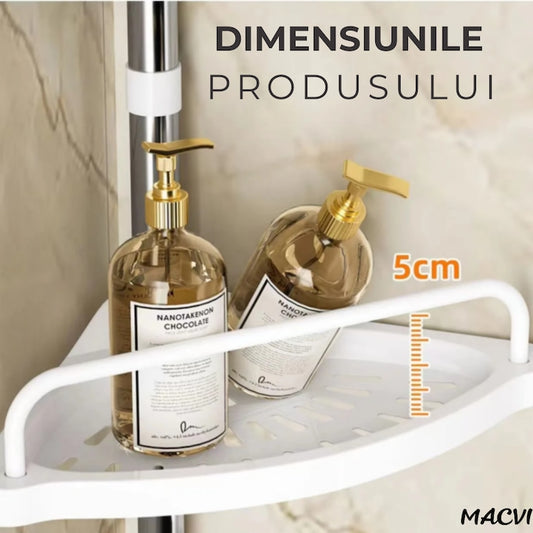 Etajera Extensibila Macvi® pentru Baie, 4 Polite si Umeras, Tip Coltar, 3 Carlige, 100-260 cm, Alb