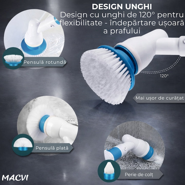 Perie Electrica de Curatare Macvi® cu 3 Capete Intersanjabile, 300 RPM, Acumulator Reincarcabil, Maner Telescopic - Ideala pentru Gresie, Faianta, Cada, Dus