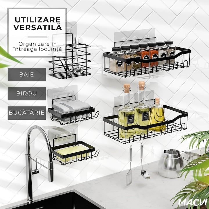 Organizator de dus Macvi® din otel inoxidabil, montare adeziva fara gaurire, capacitate mare, rezistent la rugina, negru