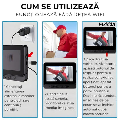 Sonerie video Macvi® wireless cu camera si monitor IPS 4, 3 inch interfon bidirectional fara WiFi, vedere nocturna IR, stocare pe card SD, instalare rapida