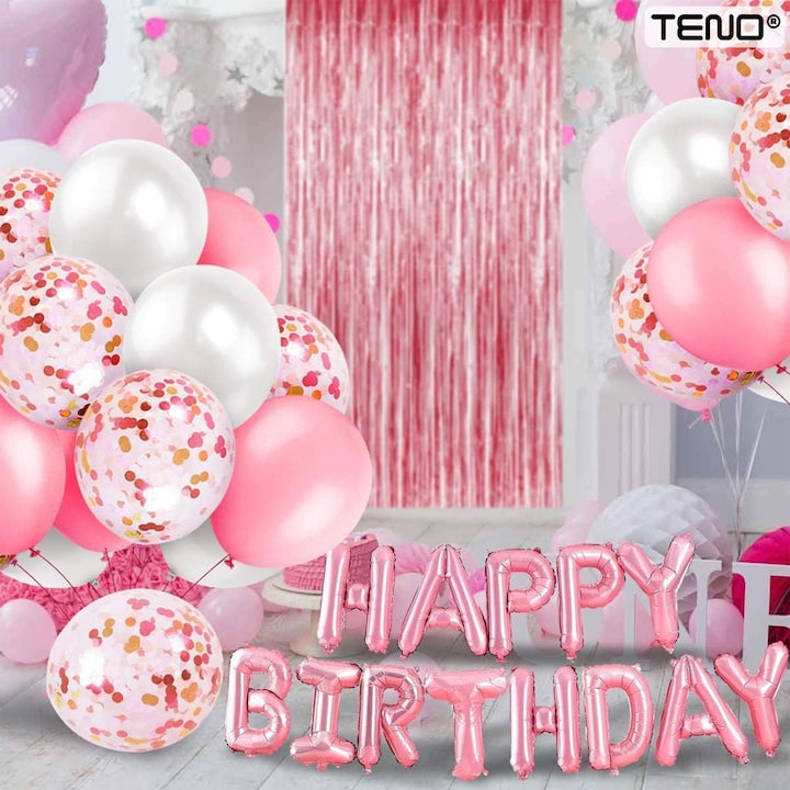 Set 25 Baloane Teno®, Litere, pentru Petreceri/Aniversari/Evenimente, confetti, stelute, model HAPPY BIRTHDAY, rose