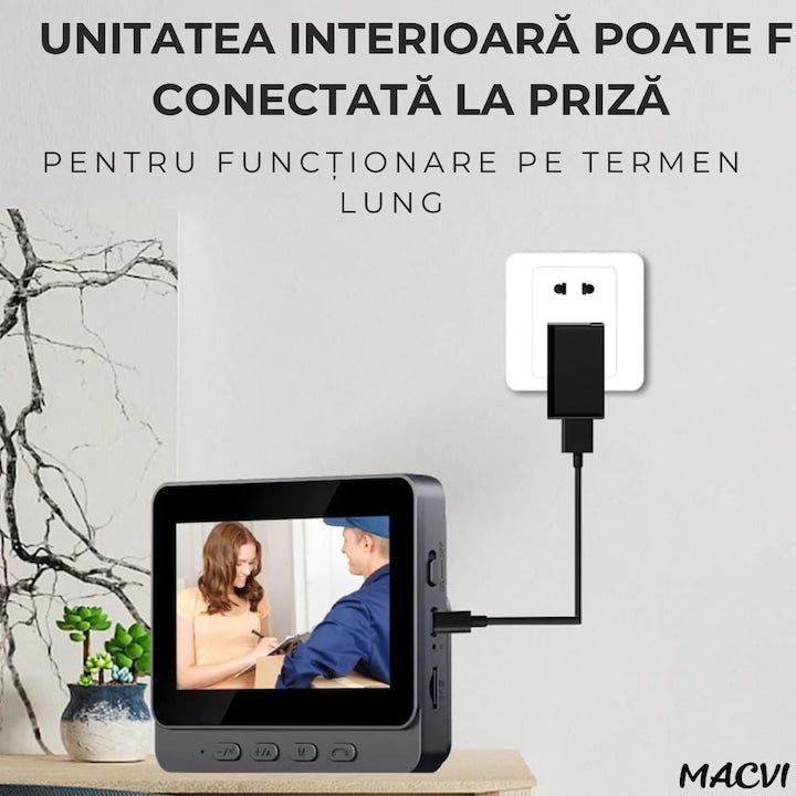 Sonerie video Macvi® wireless cu camera si monitor IPS 4, 3 inch interfon bidirectional fara WiFi, vedere nocturna IR, stocare pe card SD, instalare rapida