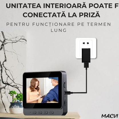Sonerie video Macvi® wireless cu camera si monitor IPS 4, 3 inch interfon bidirectional fara WiFi, vedere nocturna IR, stocare pe card SD, instalare rapida