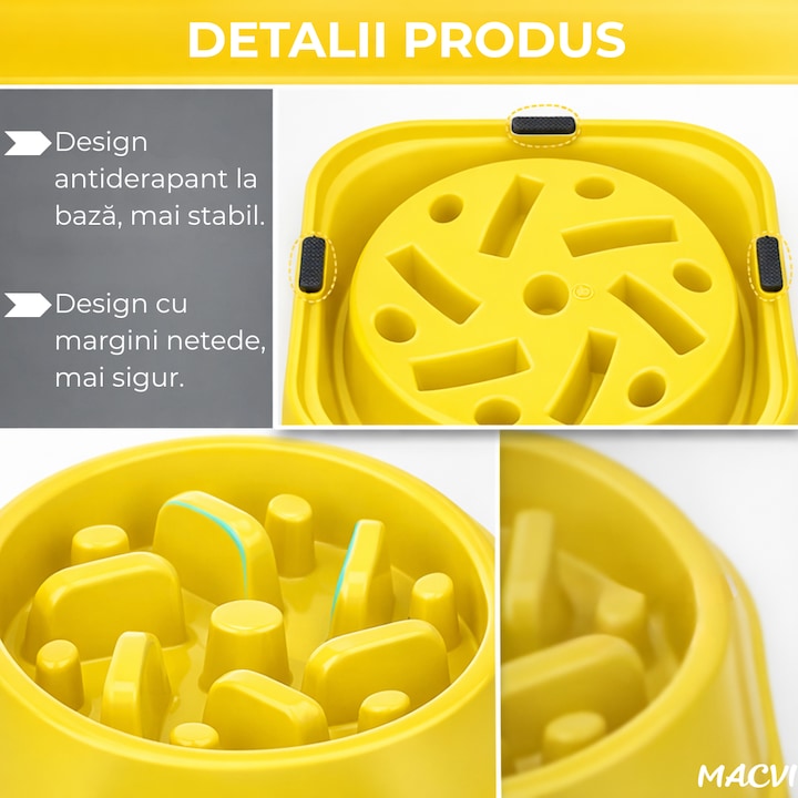 Alimentator Lent pentru Animale Macvi®, Bol Antiderapant Hranire Lenta pentru Caini si Pisici Design Interior AntiInghitire Material Sigur Usor de Curatat Rezistent, Galben