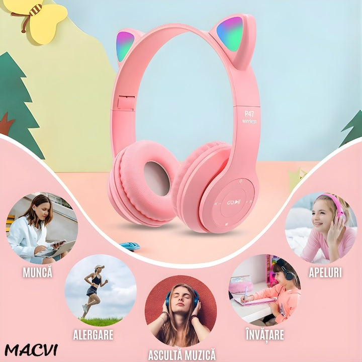 Casti stereo wireless Macvi® P47, urechi pisica, Bluetooth 5.0, radio FM, reducere zgomot, pliabile, slot card, roz