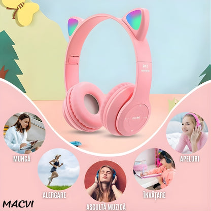Casti stereo wireless Macvi® P47, urechi pisica, Bluetooth 5.0, radio FM, reducere zgomot, pliabile, slot card, roz