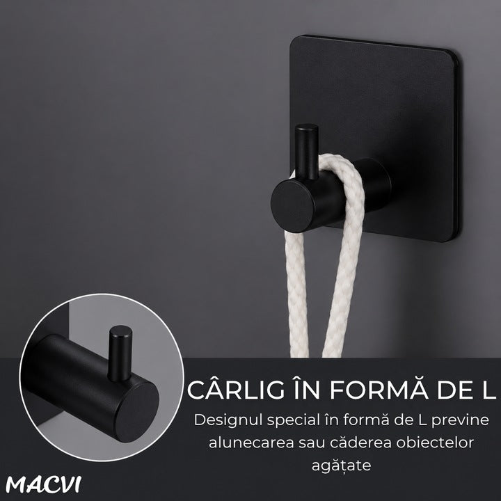 Set 4 cuiere de perete Macvi® din otel inoxidabil, montaj fara gaurire, negre, rezistente la umiditate, pentru baie si hol