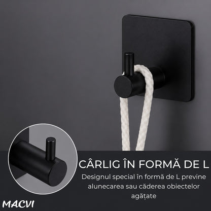 Set 4 cuiere de perete Macvi® din otel inoxidabil, montaj fara gaurire, negre, rezistente la umiditate, pentru baie si hol
