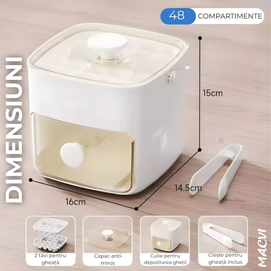 Cutie gheata Macvi® cu sertar detasabil si cleste pentru servire igienica capacitate 1.5L design compact alb mat