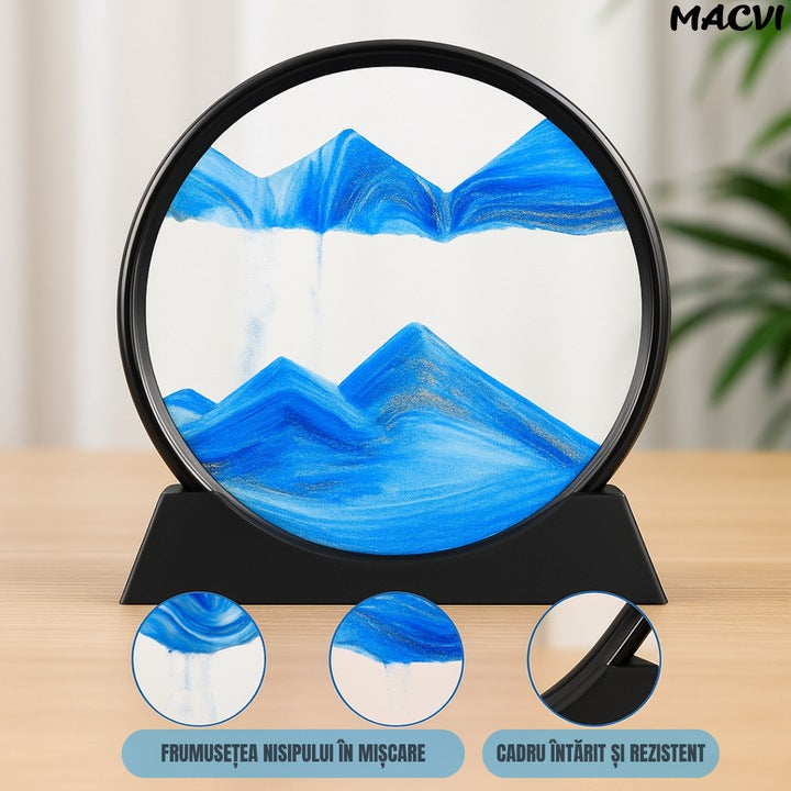 Obiect decorativ Macvi® cu efect 3D din nisip, masa rotativa 360°, baza din plastic, sticla si nisip, 18x19 cm, Albastru