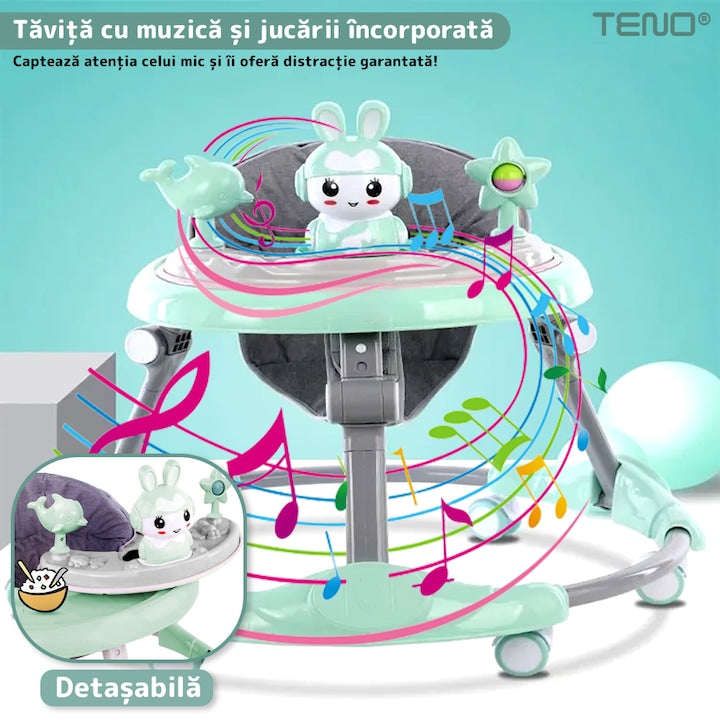 Premergator Multifunctional pentru Bebelusi Teno®, tava cu 3 jucarii, muzica, reglabil, pliabil, greutate max 20kg, 6-36 luni, verde