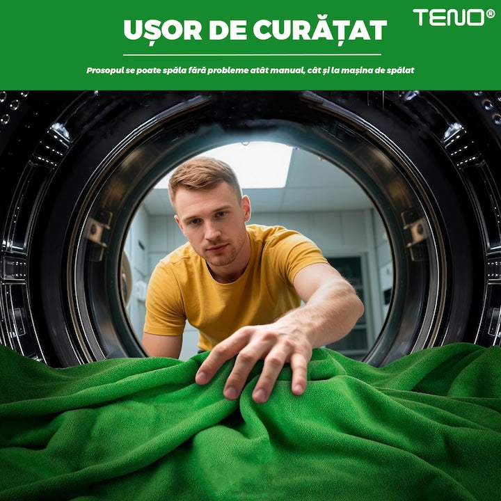 Prosop Auto din Microfibra Teno®, super absorbant, 2 straturi, materiale calitative, cusatura rezistenta, usor de curatat, lustruieste, 70 x 90 cm, verde