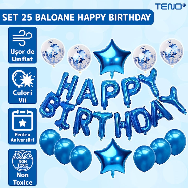 Set 25 Baloane Teno®, Litere, pentru Petreceri/Aniversari/Evenimente, confetti, stelute, model HAPPY BIRTHDAY, albastru