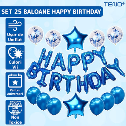 Set 25 Baloane Teno®, Litere, pentru Petreceri/Aniversari/Evenimente, confetti, stelute, model HAPPY BIRTHDAY, albastru