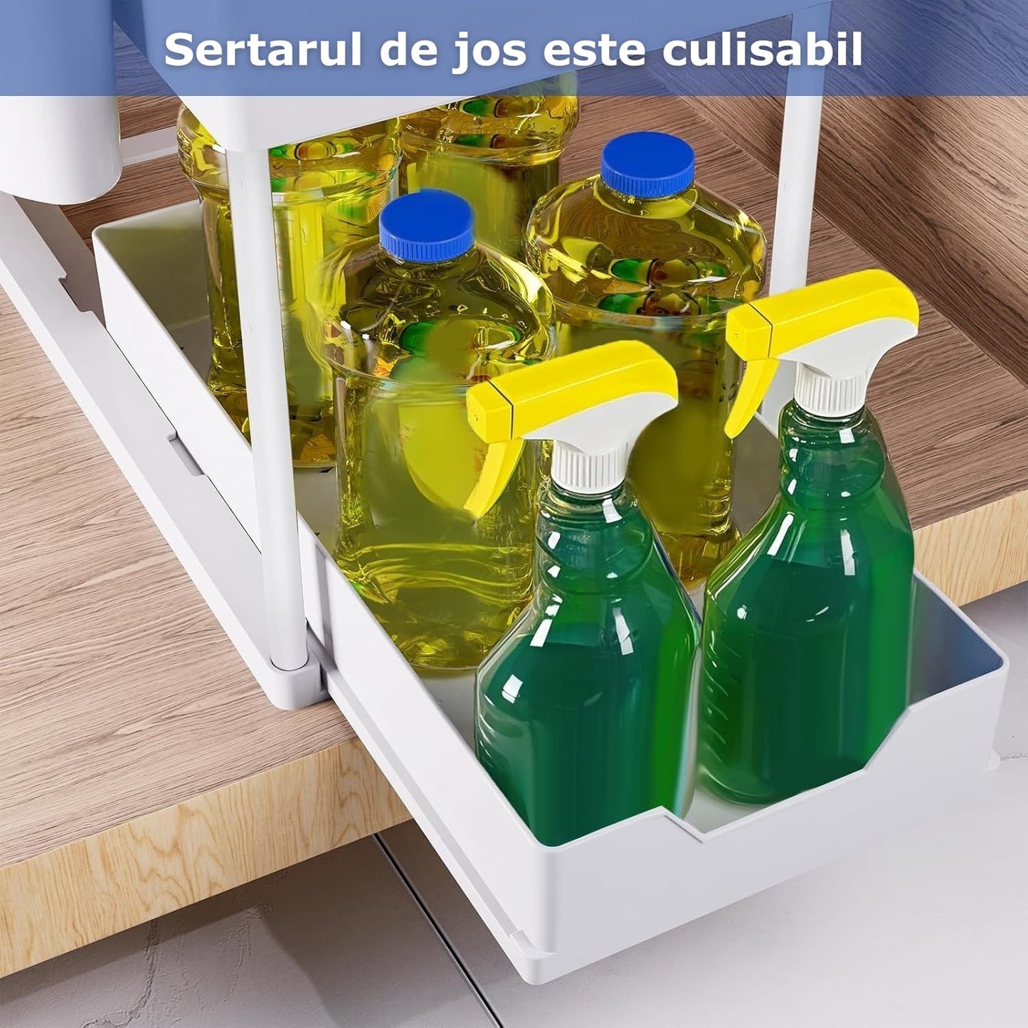 Organizator Extensibil Sub Chiuveta Macvi® cu Sertar Glisant si 4 Carlige Alb Descriere produs: