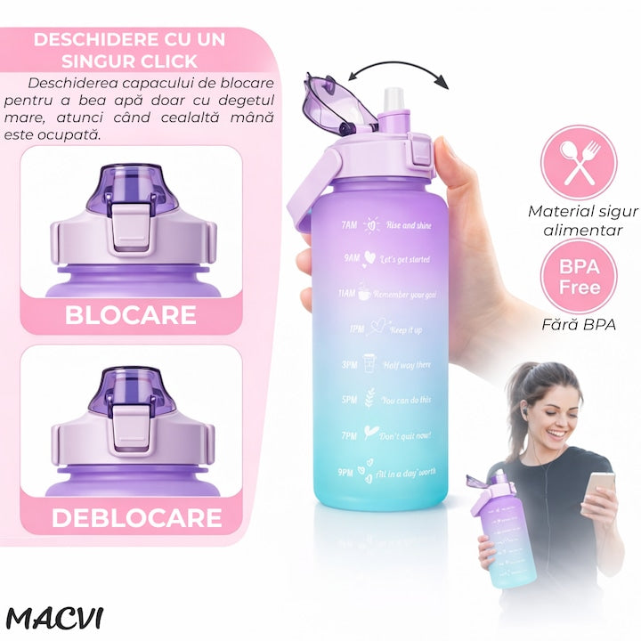 Bidon fitness Macvi® de apa 2L multicolor, plastic PC fara BPA, cu duza, maner si inscriptii motivante, etansa cu garnitura siliconica