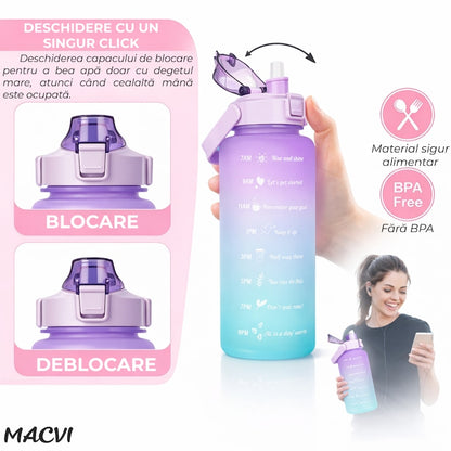 Bidon fitness Macvi® de apa 2L multicolor, plastic PC fara BPA, cu duza, maner si inscriptii motivante, etansa cu garnitura siliconica