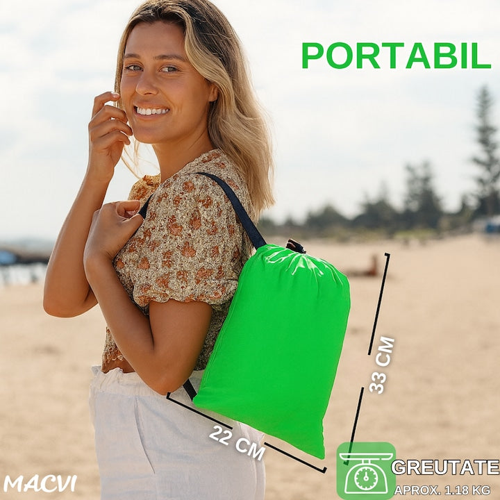 Saltea gonflabila tip sezlong Lazybag Macvi®, material rezistent, umflare fara pompa, pentru plaja/picnic/camping, rucsac de depozitare, 190 x 70 cm, verde