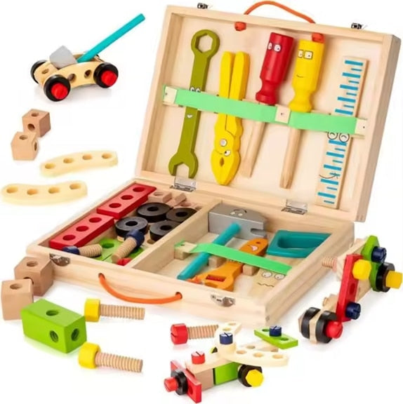 Trusa Unelte din Lemn Macvi® Montessori pentru Copii, Joc Educativ de Bricolaj si Asamblare 3 +
