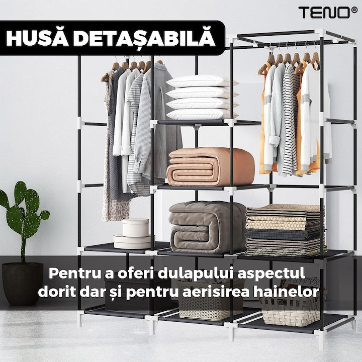 Dulap din Material Textil pentru Haine si Incaltaminte Teno®, impermeabil, 8 rafturi, inchidere fermoar, suport umerase, cadru otel, 170 cm, negru
