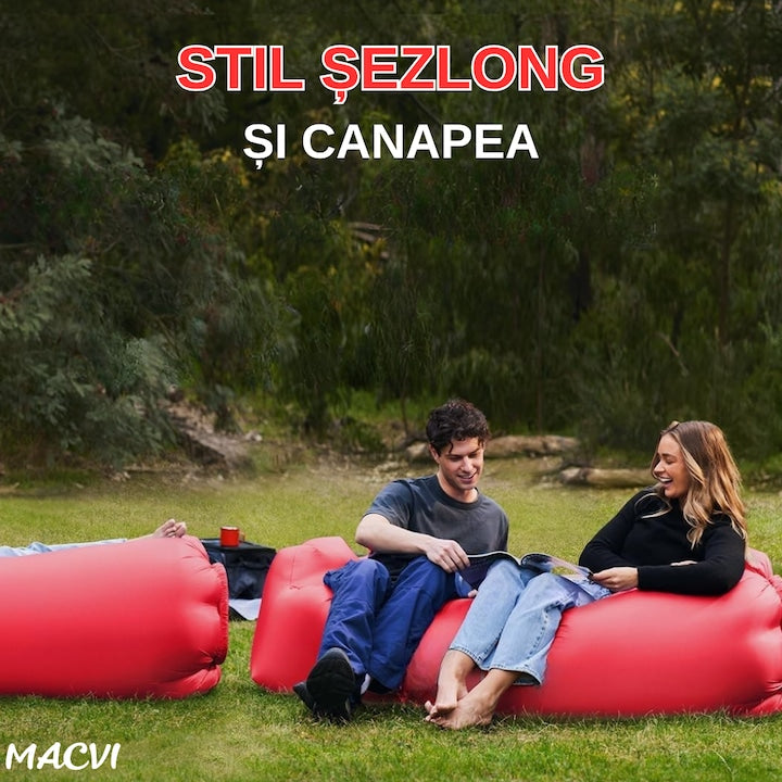 Saltea gonflabila tip sezlong Lazybag Macvi®, material rezistent, umflare fara pompa, pentru plaja/picnic/camping, rucsac de depozitare, 190 x 70 cm,rosu