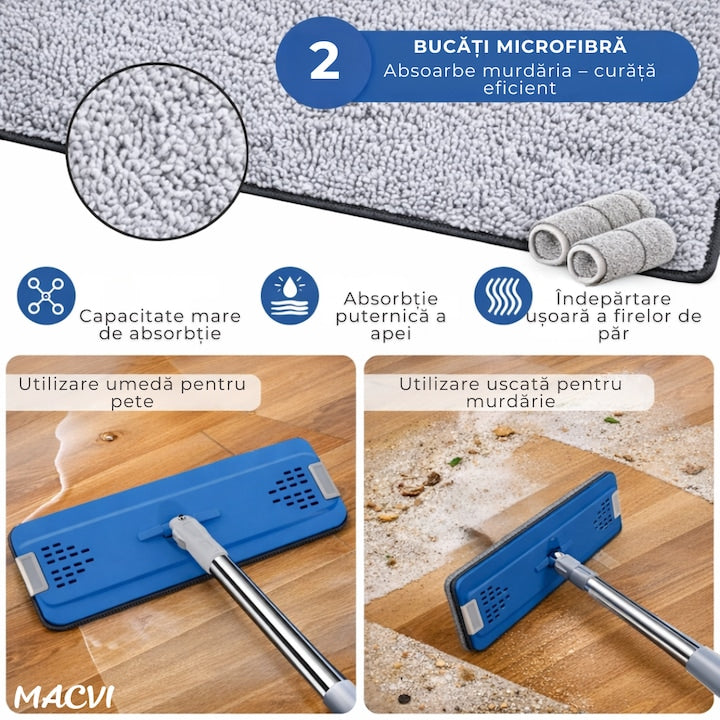 Set curatare Macvi® cu mop plat si galeata cu sistem de stoarcere, scurgere cu dop, coada telescopica si 2 lavete microfibra rezerva