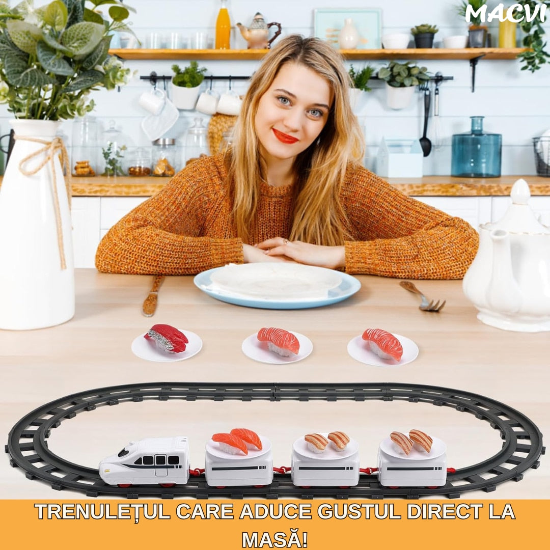 Set trenulet Macvi® pe cale ferata cu farfurii pentru servire Sushi, locomotiva electrica, 3 vagoane, 6 tavite si 12 sine, 197 cm