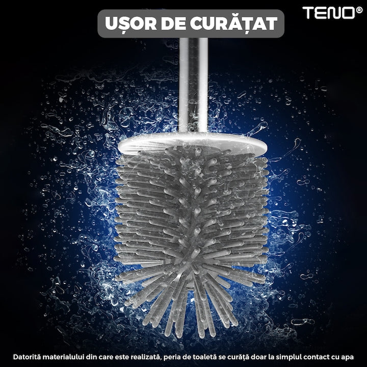 Set 2 Perii pentru Toaleta Teno ®, din silicon, perie zimtata, cap flexibil, suport adeziv pentru montarea pe perete, curata orice tip de suprafata, alb/gri