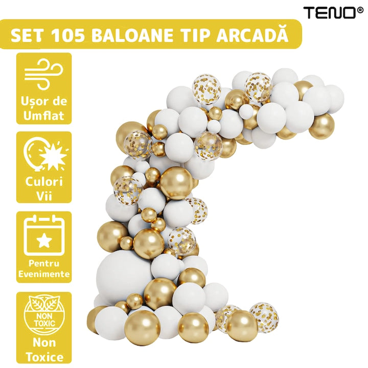 Set 105 Baloane Teno®, Tip Arcada, pentru Petreceri/Aniversari/Evenimente, diverse modele, umplute cu confetti, latex, alb/auriu