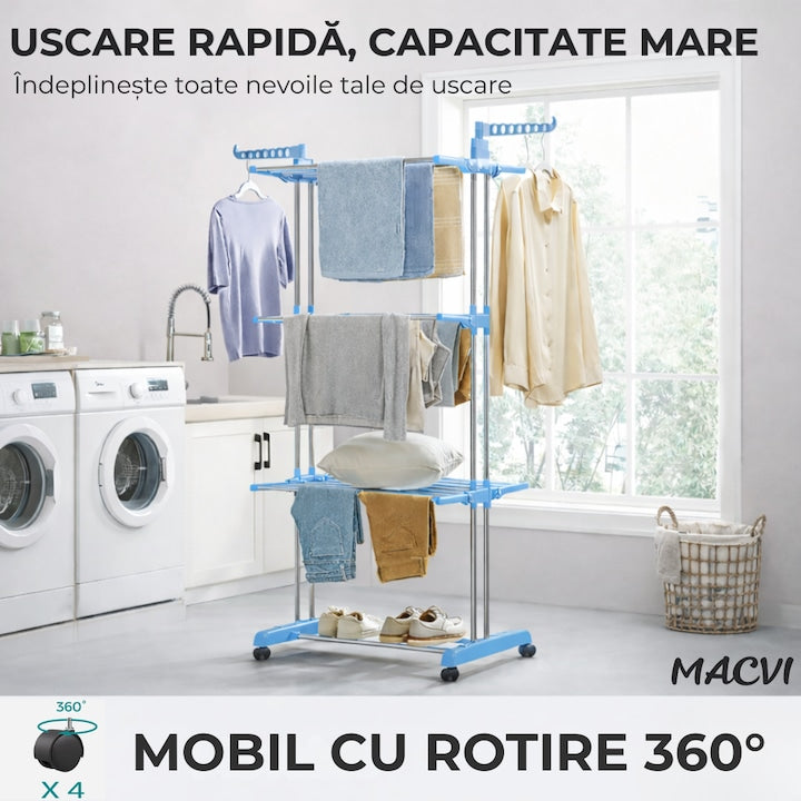 Uscator vertical pentru rufe Macvi®, cu 3 nivele de uscare, mobil si pliabil, suport umerase, albastru