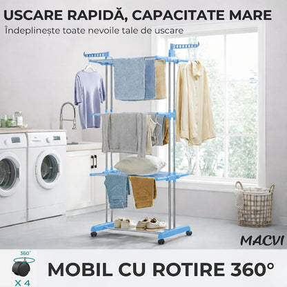 Uscator vertical pentru rufe Macvi®, cu 3 nivele de uscare, mobil si pliabil, suport umerase, albastru