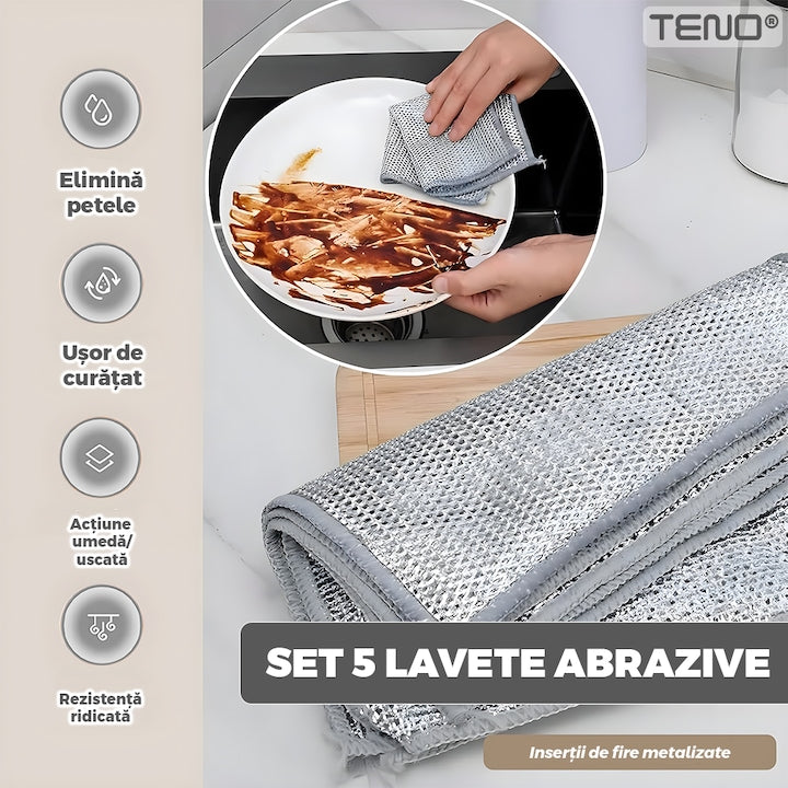 Set 5 Lavete Abrazive Teno®, tesatura cu sarma de otel, dublu strat, anti-aderente, curatare in profunzime, rezistente, 20 x 20 cm, gri
