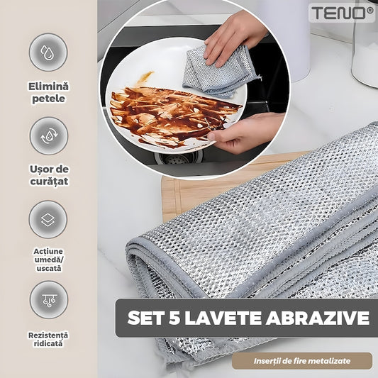 Set 5 Lavete Abrazive Teno®, tesatura cu sarma de otel, dublu strat, anti-aderente, curatare in profunzime, rezistente, 20 x 20 cm, gri