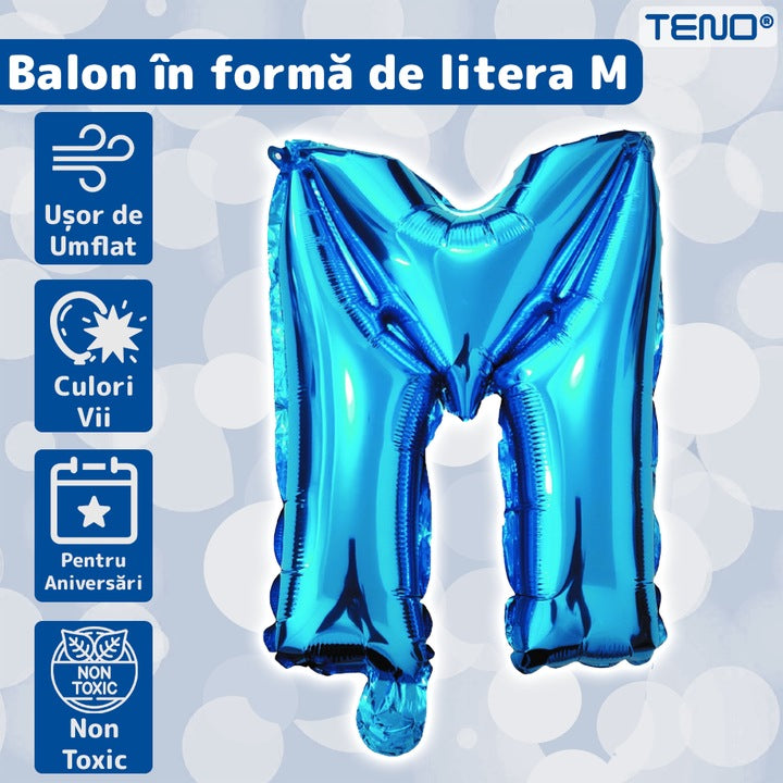 Balon in Forma de Litera M Teno®, metalizat, pentru Petreceri/Aniversari/Evenimente, rezistent, folie, albastru, 40 cm