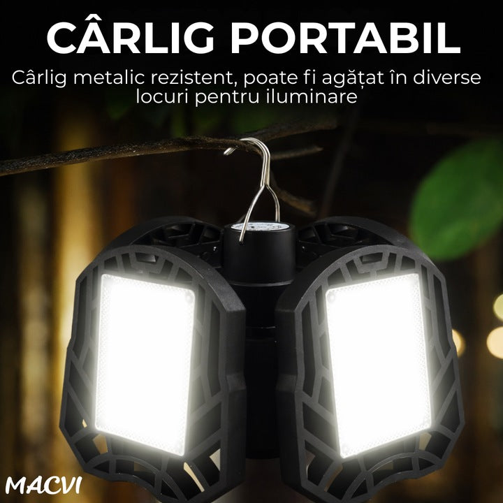 Lampa Solara de Exterior Macvi® XF-702, 104 LED SMD, 5 Moduri Iluminare, Reglabila cu 4 Clape, Alimentare Solara/USB, Telecomanda Inclusa