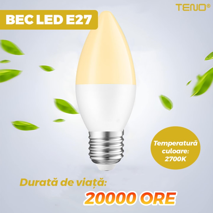 Bec LED E27 Teno®, durata de viata de 20.000 de ore, temperatura culoare 2700K, 7W, 630 lm, tensiune alimentare 220-240V, alb cald