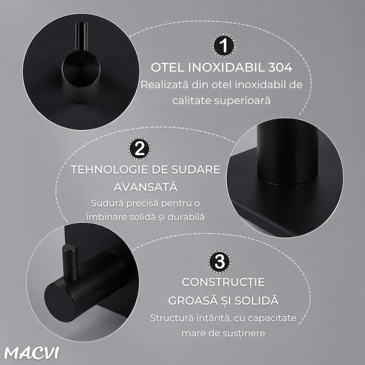 Set 4 cuiere de perete Macvi® din otel inoxidabil, montaj fara gaurire, negre, rezistente la umiditate, pentru baie si hol