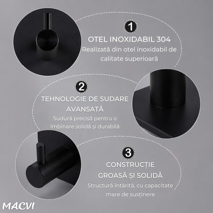Set 4 cuiere de perete Macvi® din otel inoxidabil, montaj fara gaurire, negre, rezistente la umiditate, pentru baie si hol